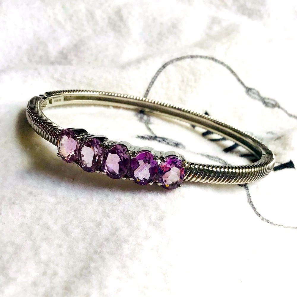 5 Stone Amethyst Bangle in Stainless Steel